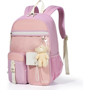 image:imagemommore Girls Backpack for School Kawaii Kids Backpack Lightweight Bookbag for Teen Girls with Bear Pendant Travel Outdoors PinkPurple
