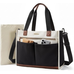 image:imagemommore Canvas Diaper Bag Tote Stylish Mommy Baby Hospital Bag  Insulated Pockets Stroller Straps amp Portable Changing Pad Large Capacity for Labor DeliveryBlack and White