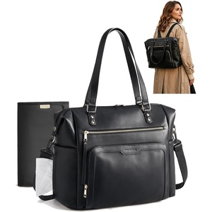 image:imagemommore PU Leather Convertible Diaper Bag Backpack Crossbody Bag Tote  Converts into Diaper Backpack Crossbody Bag PU Leather Tote Waterproof Changing PadBlack