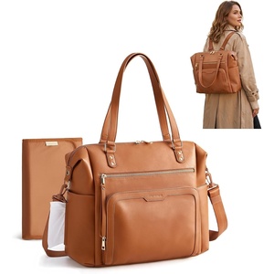 image:imagemommore PU Leather Convertible Diaper Bag Backpack Crossbody Bag Tote  Converts into Diaper Backpack Crossbody Bag PU Leather Tote Waterproof Changing PadLight Brown